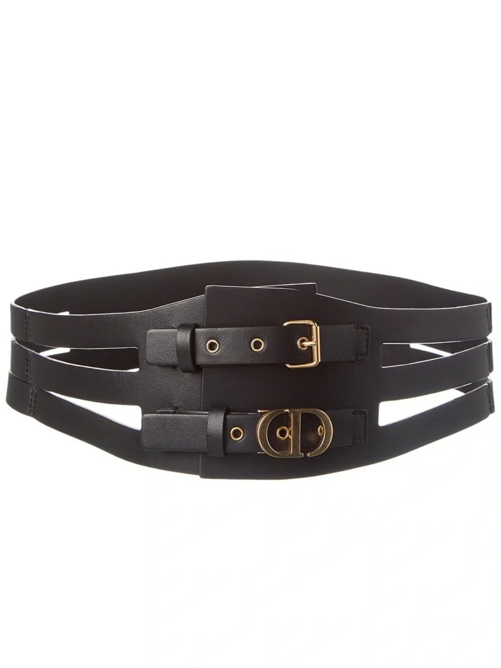 Dior Black Leather Double-Buckle Waist Belt with Gold Accents